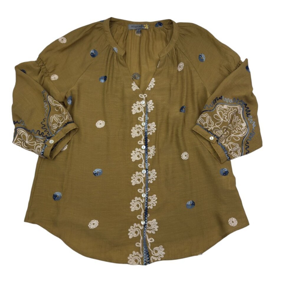 Figueroa & Flower Boho Embroidered Y-Neck Balloon Sleeve Blouse Women's Size M
